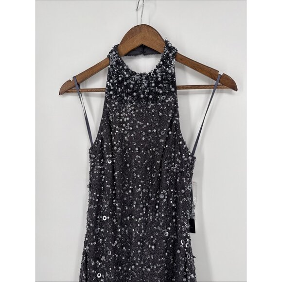 Aidan Adrianna Papell Size 2 Gray Beaded Sequin Halter Cocktail Dress Homecoming - Picture 6 of 12